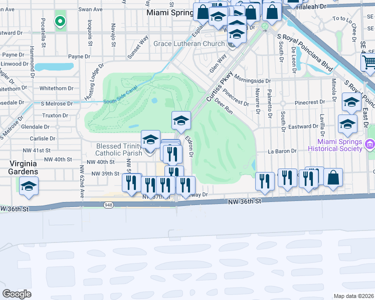 map of restaurants, bars, coffee shops, grocery stores, and more near 452 Eldron Drive in Miami Springs
