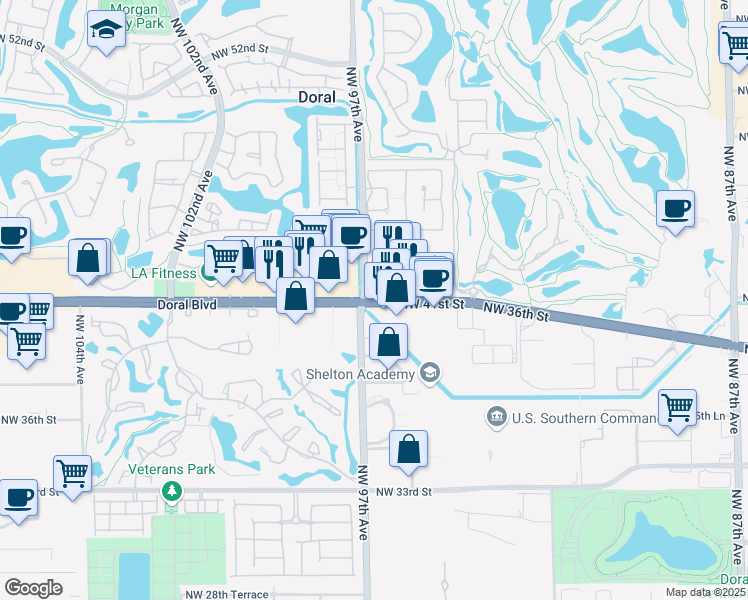 map of restaurants, bars, coffee shops, grocery stores, and more near 9701 Northwest 41st Street in Doral