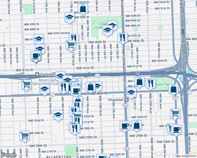 map of restaurants, bars, coffee shops, grocery stores, and more near 1400 Northwest 39th Street in Miami