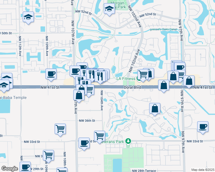 map of restaurants, bars, coffee shops, grocery stores, and more near 10351 Northwest 41st Street in Doral