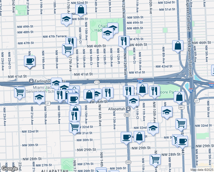 map of restaurants, bars, coffee shops, grocery stores, and more near 1328 Northwest 39th Street in Miami