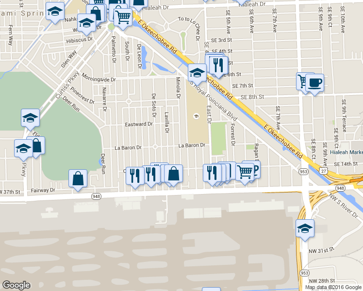 map of restaurants, bars, coffee shops, grocery stores, and more near 1011 Labaron Drive in Miami Springs