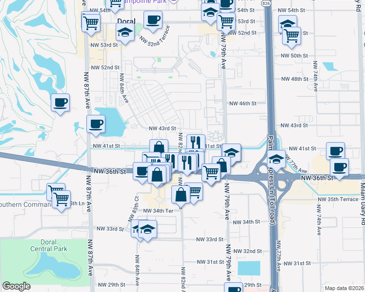 map of restaurants, bars, coffee shops, grocery stores, and more near 4100 Northwest 82nd Avenue in Doral