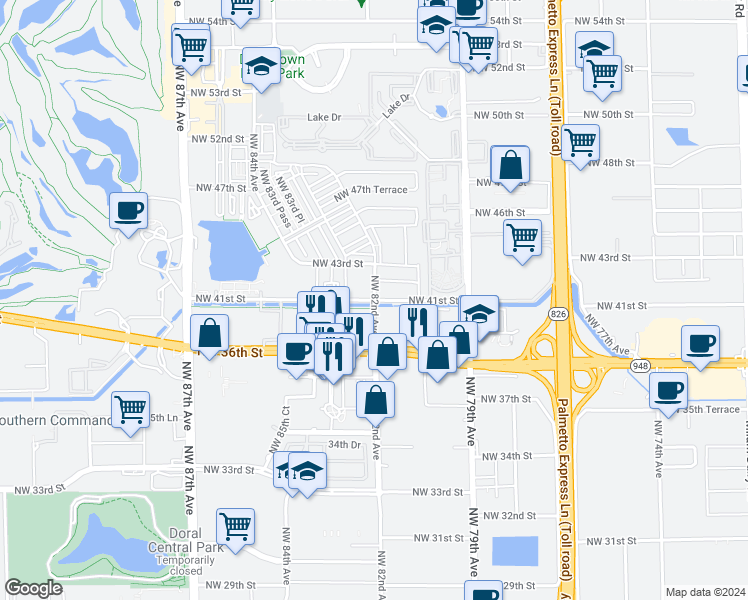map of restaurants, bars, coffee shops, grocery stores, and more near 4100 Northwest 82nd Avenue in Doral
