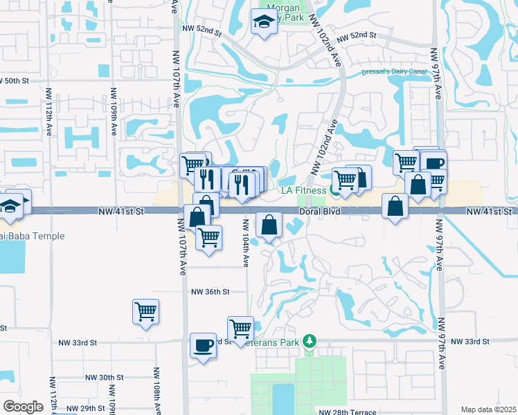 map of restaurants, bars, coffee shops, grocery stores, and more near 10351 Northwest 41st Street in Doral