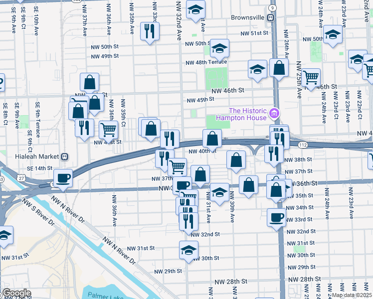 map of restaurants, bars, coffee shops, grocery stores, and more near 4001 Northwest 32nd Avenue in Miami