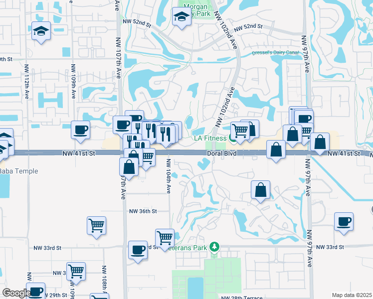 map of restaurants, bars, coffee shops, grocery stores, and more near 10351 Northwest 41st Street in Doral