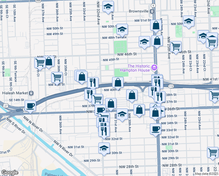 map of restaurants, bars, coffee shops, grocery stores, and more near 3141 Northwest 40th Street in Miami
