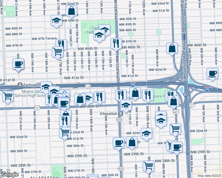 map of restaurants, bars, coffee shops, grocery stores, and more near 1250 Northwest 39th Street in Miami