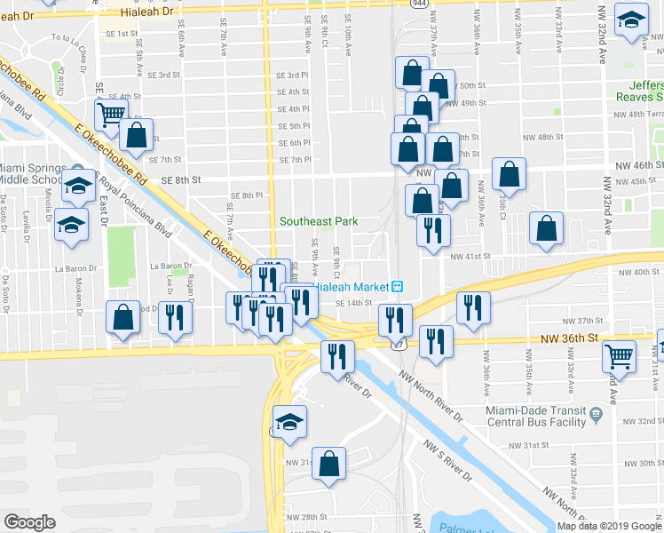 map of restaurants, bars, coffee shops, grocery stores, and more near 938 Southeast 12th Street in Hialeah
