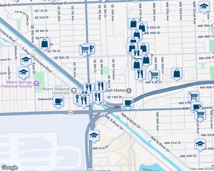 map of restaurants, bars, coffee shops, grocery stores, and more near 938 Southeast 12th Street in Hialeah