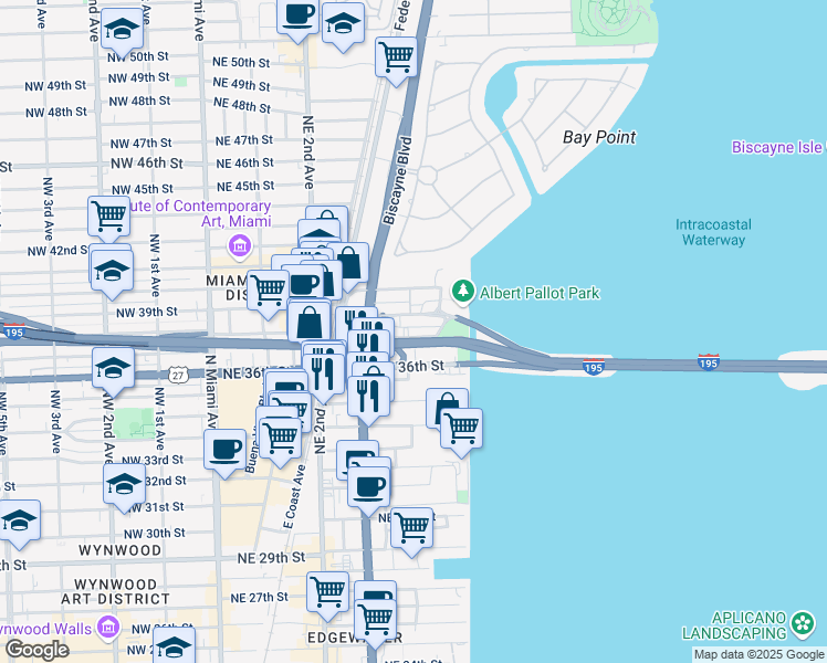 map of restaurants, bars, coffee shops, grocery stores, and more near 499 Northeast 37th Street in Miami