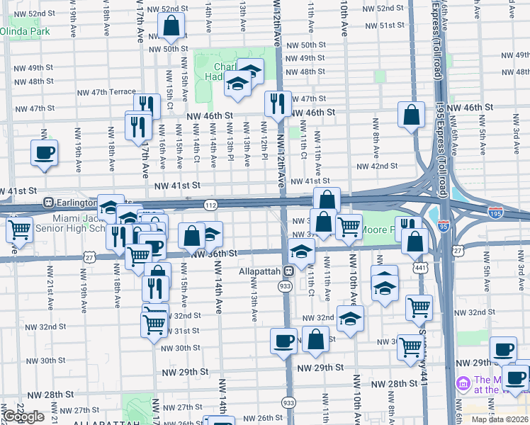 map of restaurants, bars, coffee shops, grocery stores, and more near 1250 Northwest 39th Street in Miami
