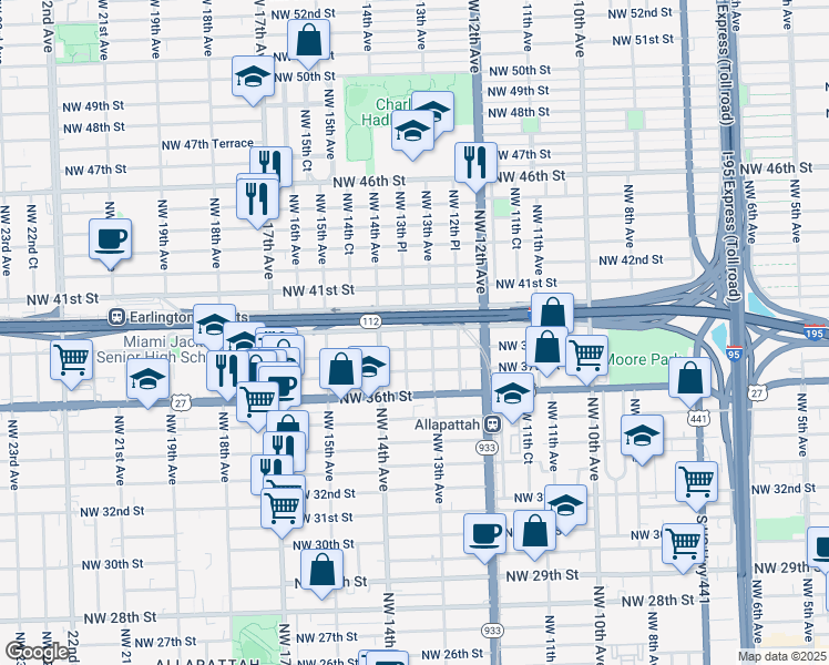 map of restaurants, bars, coffee shops, grocery stores, and more near 1328 Northwest 39th Street in Miami