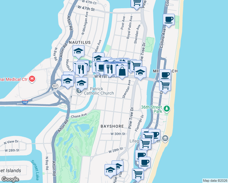 map of restaurants, bars, coffee shops, grocery stores, and more near 3736 Royal Palm Avenue in Miami Beach