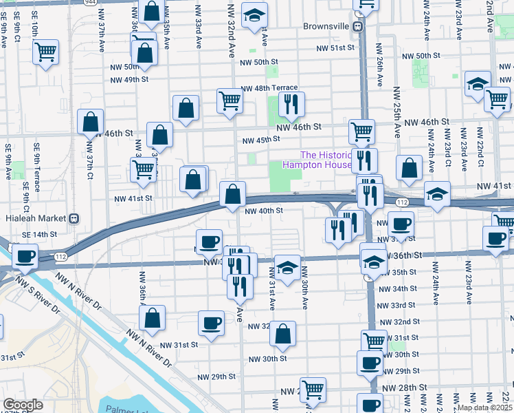 map of restaurants, bars, coffee shops, grocery stores, and more near 3141 Northwest 40th Street in Miami