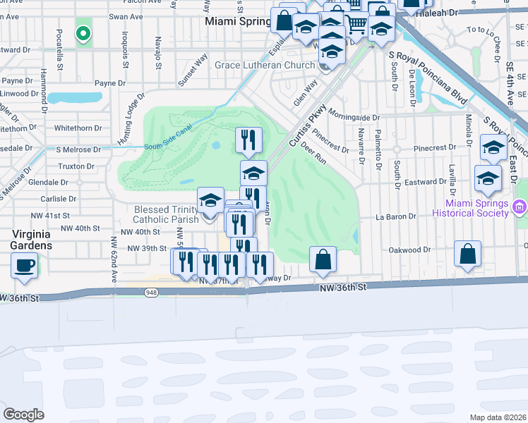 map of restaurants, bars, coffee shops, grocery stores, and more near 452 Eldron Drive in Miami Springs