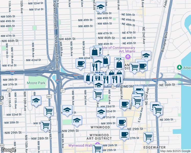 map of restaurants, bars, coffee shops, grocery stores, and more near 175 Northwest 38th Street in Miami