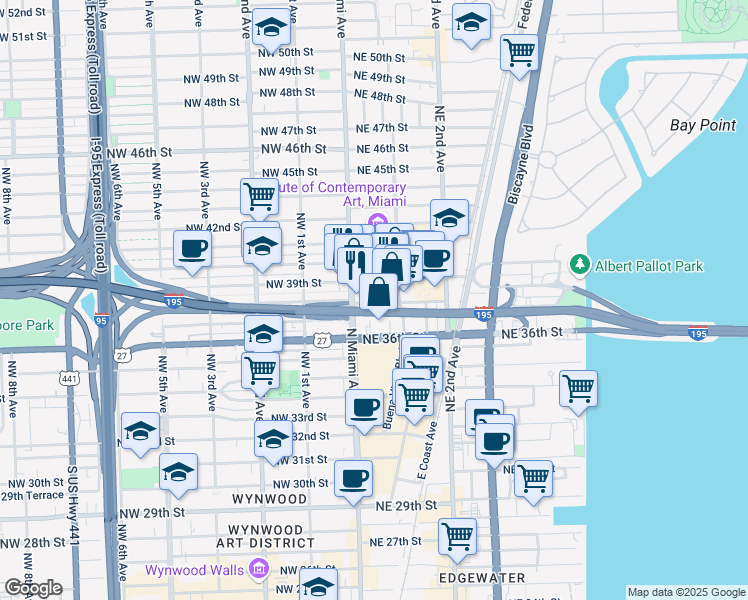 map of restaurants, bars, coffee shops, grocery stores, and more near 3801 Northeast Miami Court in Miami