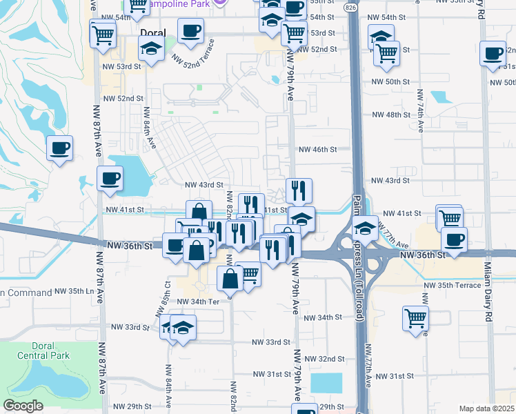 map of restaurants, bars, coffee shops, grocery stores, and more near 8045 Northwest 36th Street in Doral