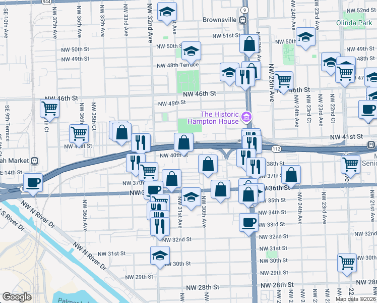 map of restaurants, bars, coffee shops, grocery stores, and more near 3055 Northwest 40th Street in Miami