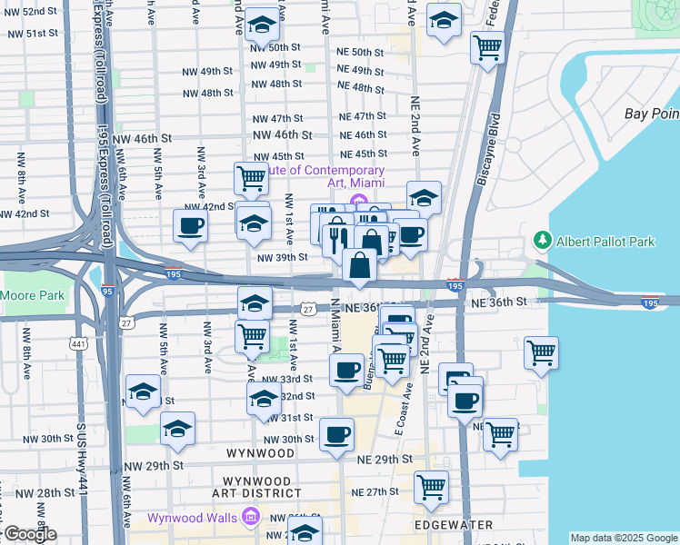 map of restaurants, bars, coffee shops, grocery stores, and more near 3801 Northeast Miami Court in Miami