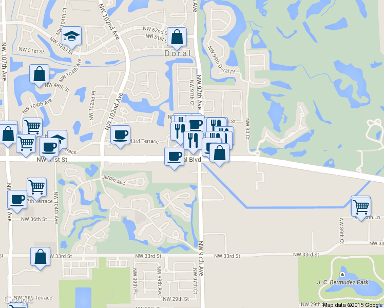 map of restaurants, bars, coffee shops, grocery stores, and more near 9701 Northwest 41st Street in Doral