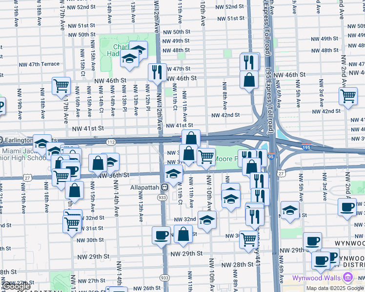map of restaurants, bars, coffee shops, grocery stores, and more near 1100 Northwest 39th Street in Miami