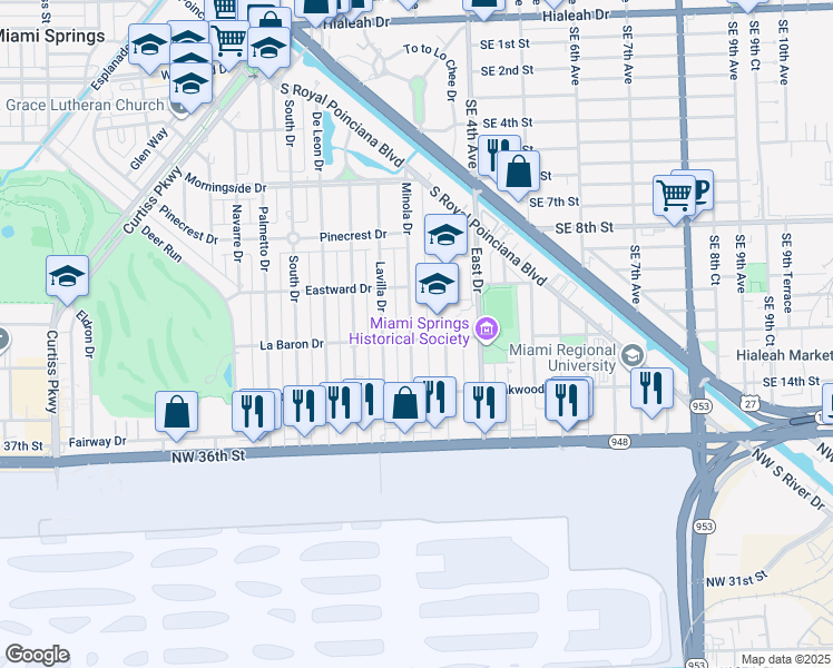 map of restaurants, bars, coffee shops, grocery stores, and more near 1001 La Baron Drive in Miami Springs