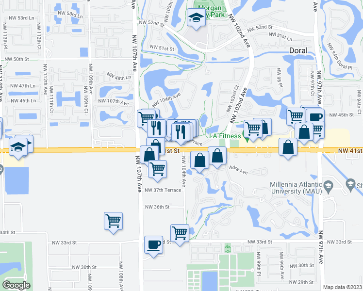 map of restaurants, bars, coffee shops, grocery stores, and more near 10407 Northwest 41st Street in Doral