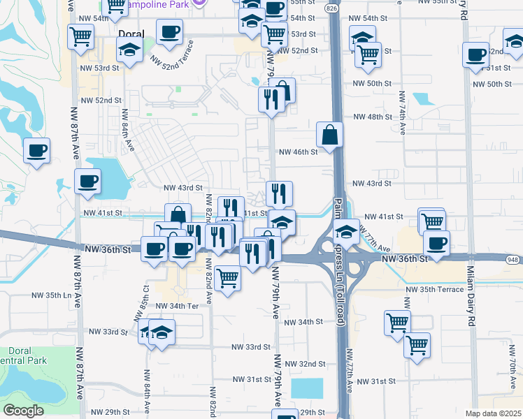 map of restaurants, bars, coffee shops, grocery stores, and more near 4130 Northwest 79th Avenue in Doral