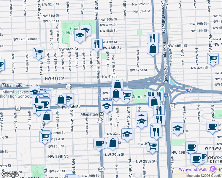 map of restaurants, bars, coffee shops, grocery stores, and more near 1100 Northwest 39th Street in Miami