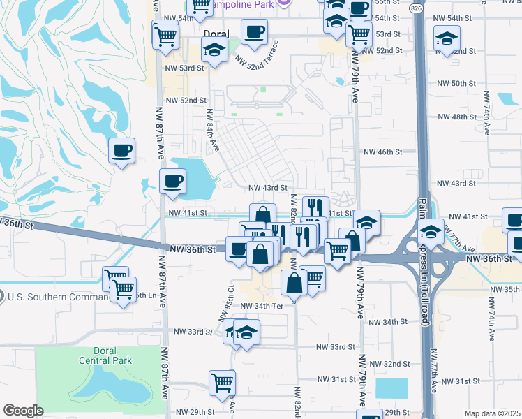 map of restaurants, bars, coffee shops, grocery stores, and more near 8363 Northwest 41st Street in Doral
