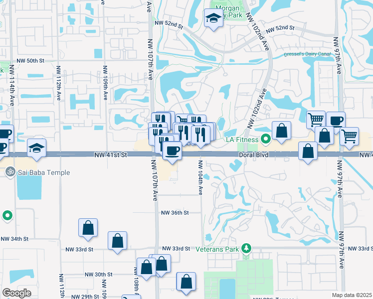 map of restaurants, bars, coffee shops, grocery stores, and more near 10455 Northwest 41st Street in Doral
