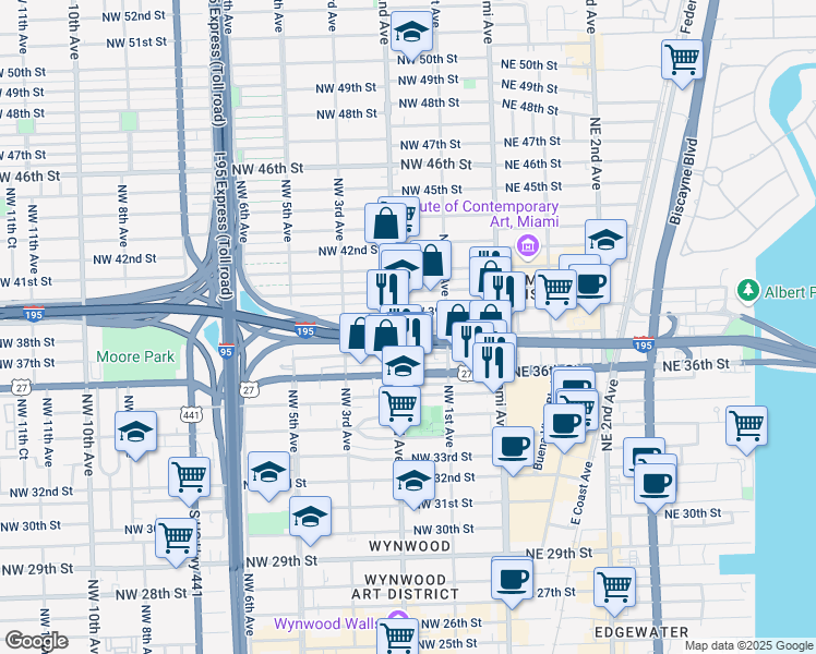 map of restaurants, bars, coffee shops, grocery stores, and more near 175 Northwest 38th Street in Miami