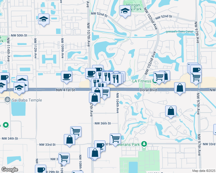 map of restaurants, bars, coffee shops, grocery stores, and more near 10455 Northwest 41st Street in Doral
