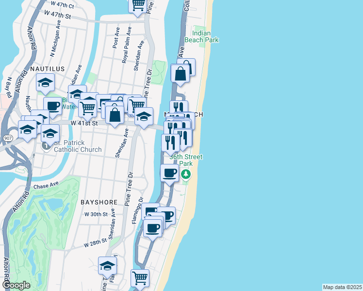map of restaurants, bars, coffee shops, grocery stores, and more near 3925 Collins Avenue in Miami Beach