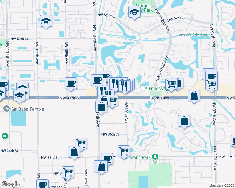 map of restaurants, bars, coffee shops, grocery stores, and more near 10455 Northwest 41st Street in Doral
