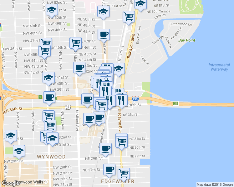 map of restaurants, bars, coffee shops, grocery stores, and more near 3725 Biscayne Boulevard in Miami