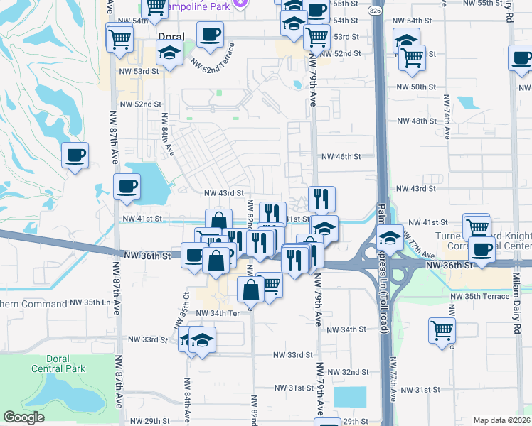 map of restaurants, bars, coffee shops, grocery stores, and more near 8045 Northwest 36th Street in Doral