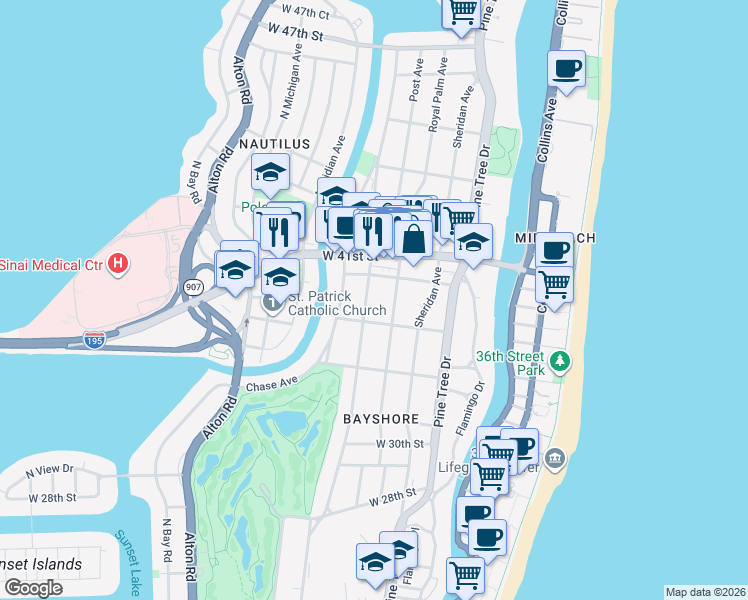 map of restaurants, bars, coffee shops, grocery stores, and more near 3736 Royal Palm Avenue in Miami Beach