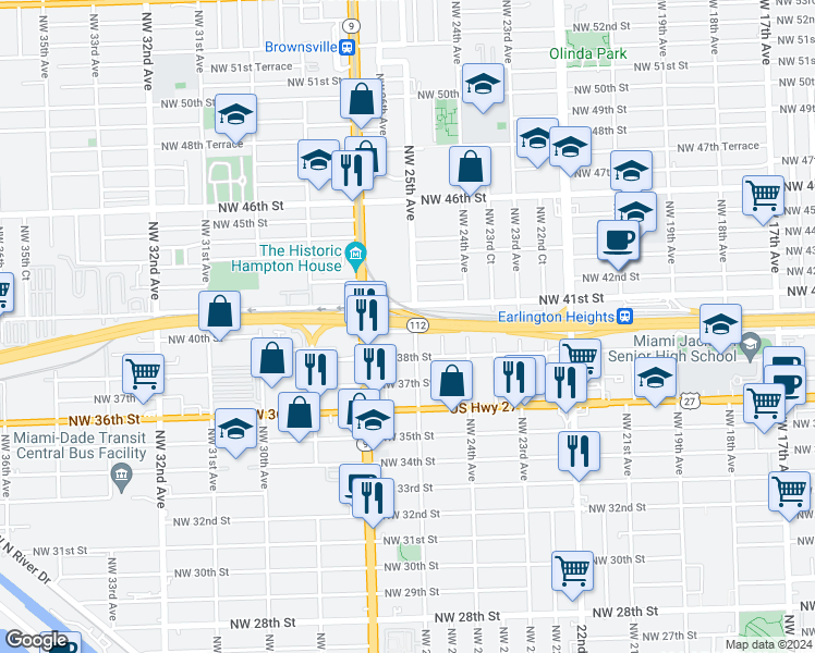 map of restaurants, bars, coffee shops, grocery stores, and more near 3801 Northwest 25th Avenue in Miami