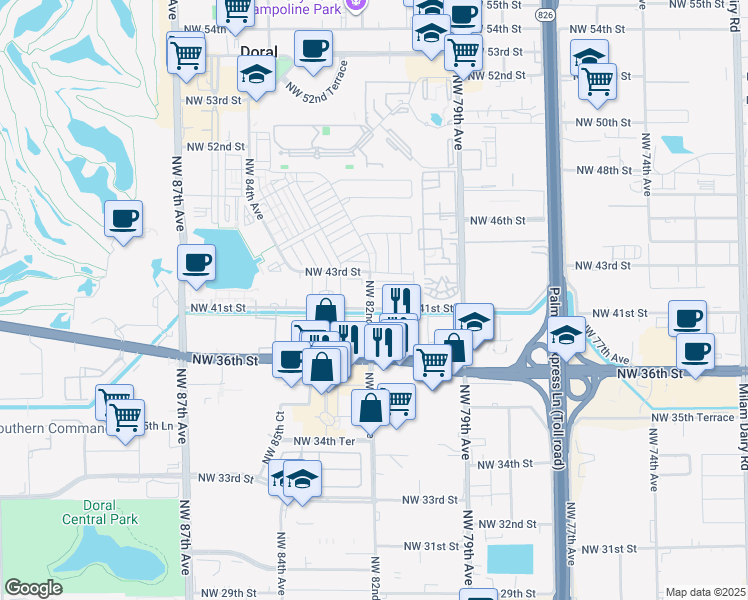 map of restaurants, bars, coffee shops, grocery stores, and more near 4100 Northwest 82nd Avenue in Doral