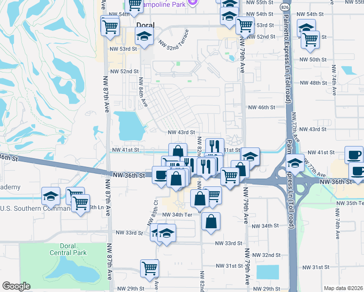 map of restaurants, bars, coffee shops, grocery stores, and more near 8363 Northwest 41st Street in Doral