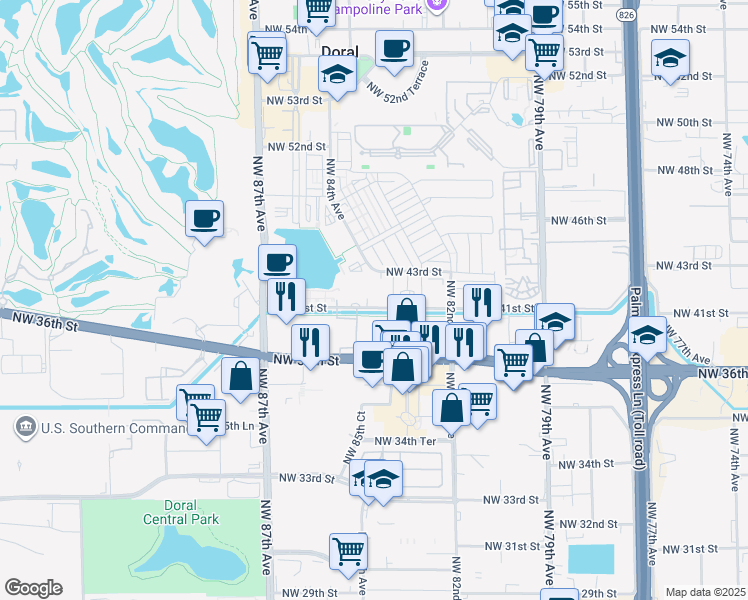 map of restaurants, bars, coffee shops, grocery stores, and more near 8429 Northwest 41st Street in Doral