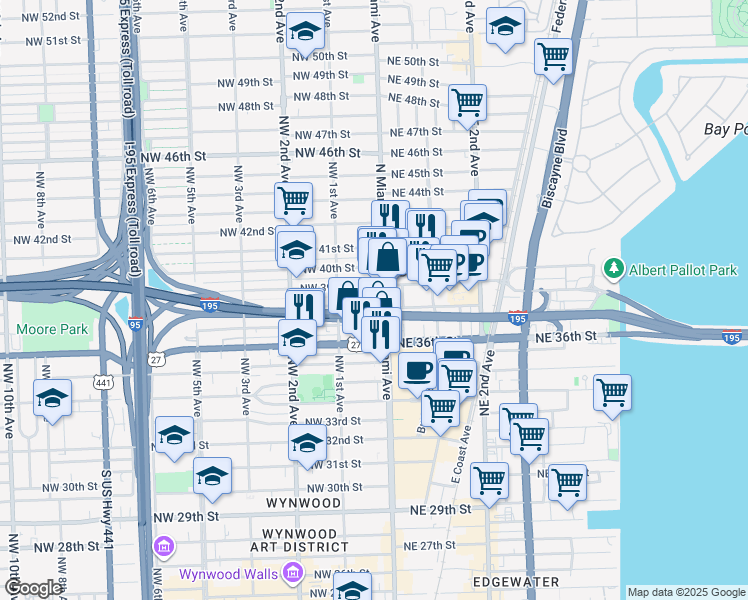 map of restaurants, bars, coffee shops, grocery stores, and more near 15 Northwest 38th Street in Miami
