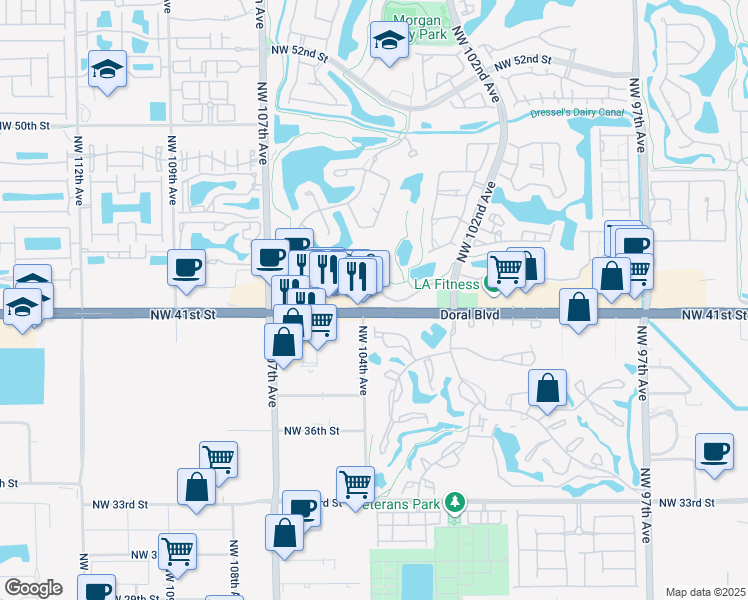 map of restaurants, bars, coffee shops, grocery stores, and more near 10407 Northwest 41st Street in Doral