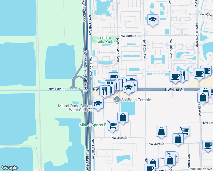 map of restaurants, bars, coffee shops, grocery stores, and more near 11501 Northwest 41st Street in Doral