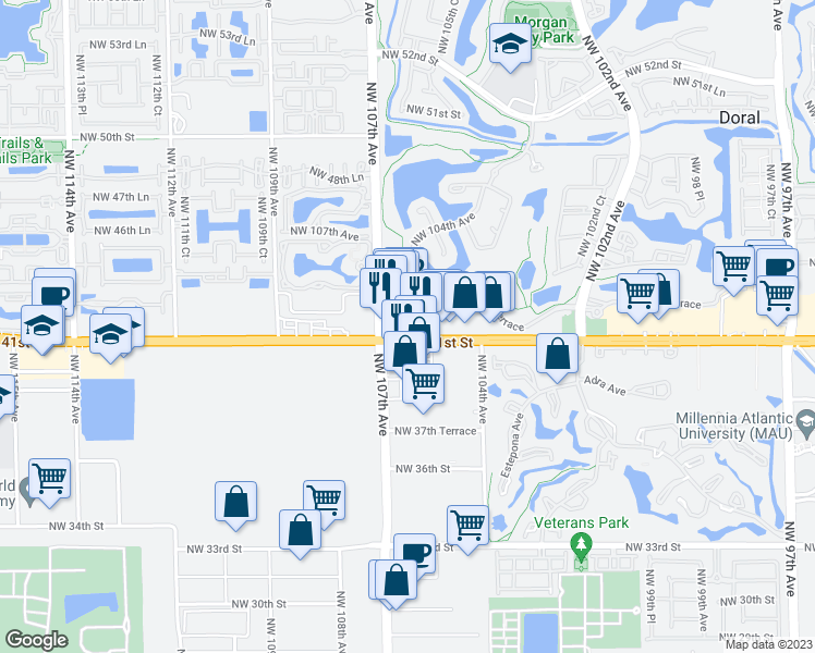 map of restaurants, bars, coffee shops, grocery stores, and more near 10601 Northwest 41st Street in Doral