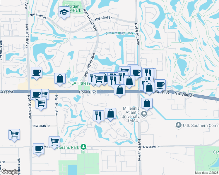 map of restaurants, bars, coffee shops, grocery stores, and more near 9915 Northwest 41st Street in Doral